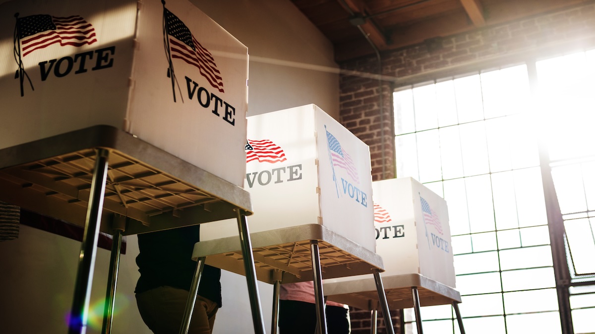 AI video surveillance camera monitoring an election polling station