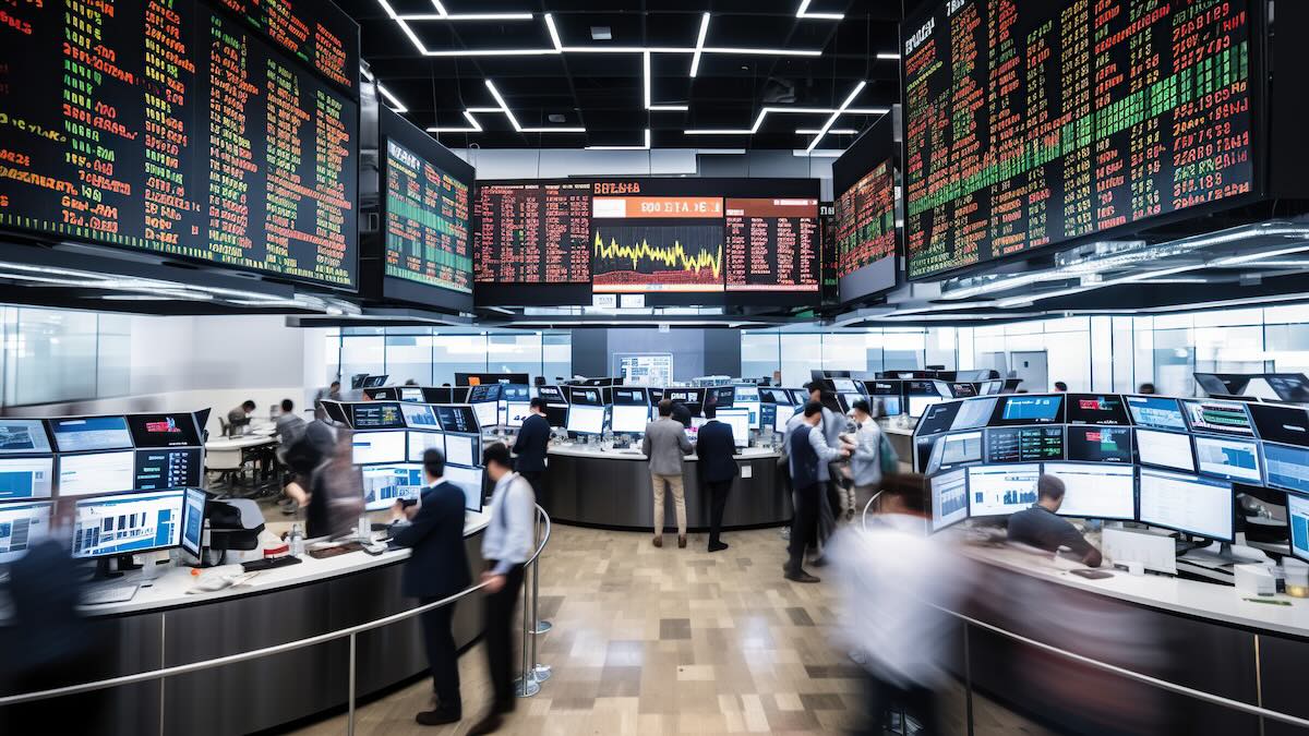 AI video surveillance cameras monitoring a stock exchange floor